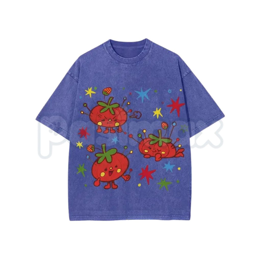Cute Tomato Party Print T-Shirt – Retro Garden Vegetable Graphic Tee, Lightweight Vintage Washed Cotton Summer Top