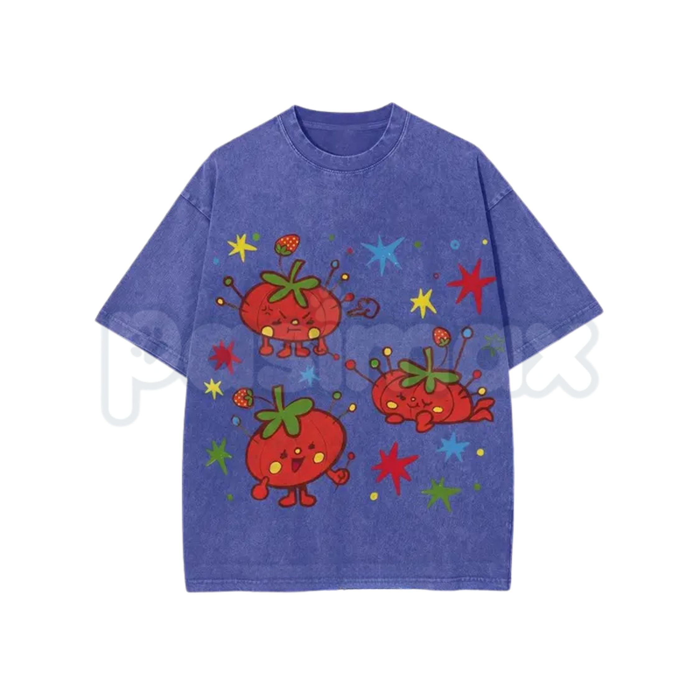 Cute Tomato Party Print T-Shirt – Retro Garden Vegetable Graphic Tee, Lightweight Vintage Washed Cotton Summer Top