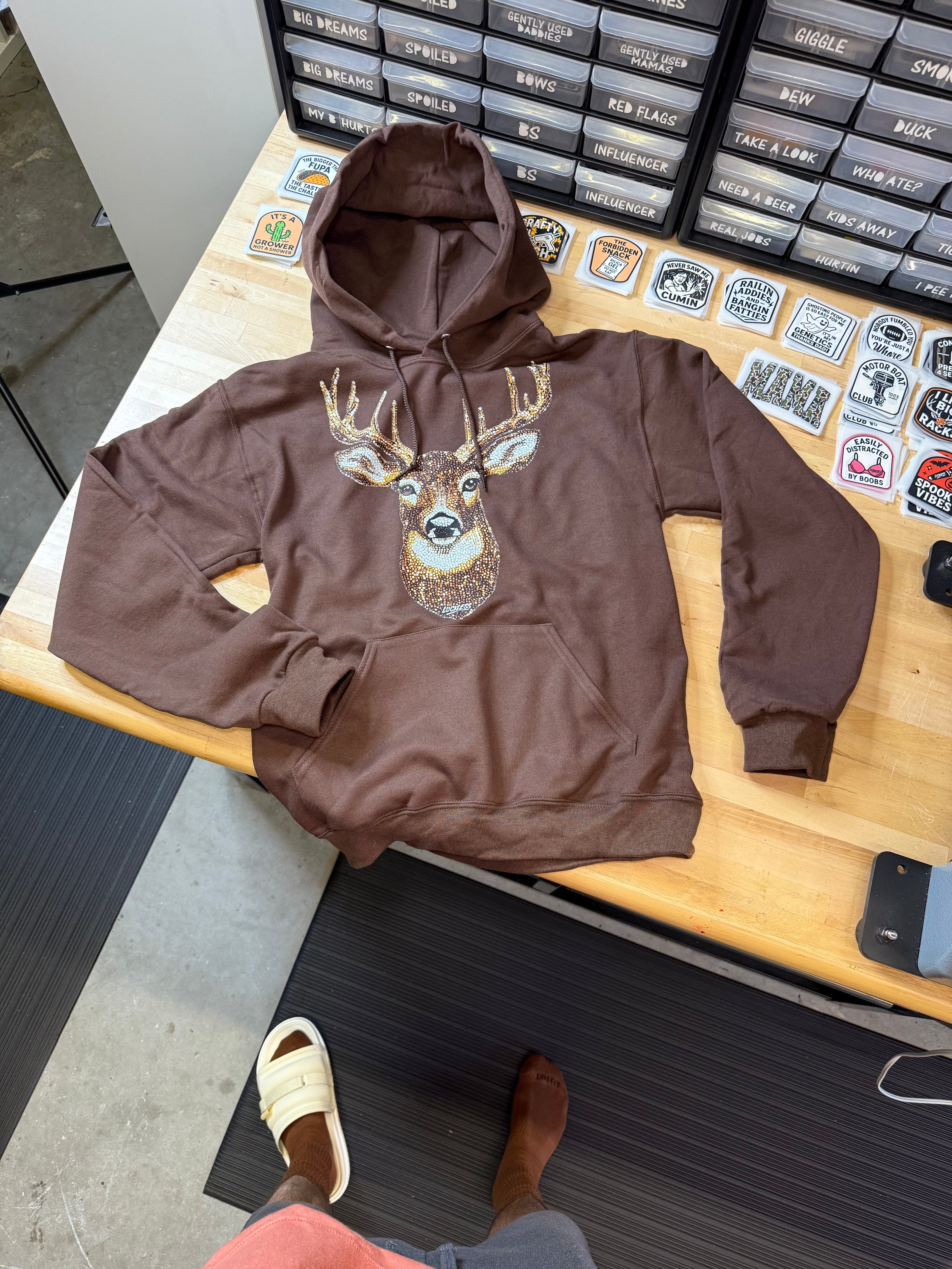 Luckless Outfitters Faux Rhinestone Buck Hoodie — size reference