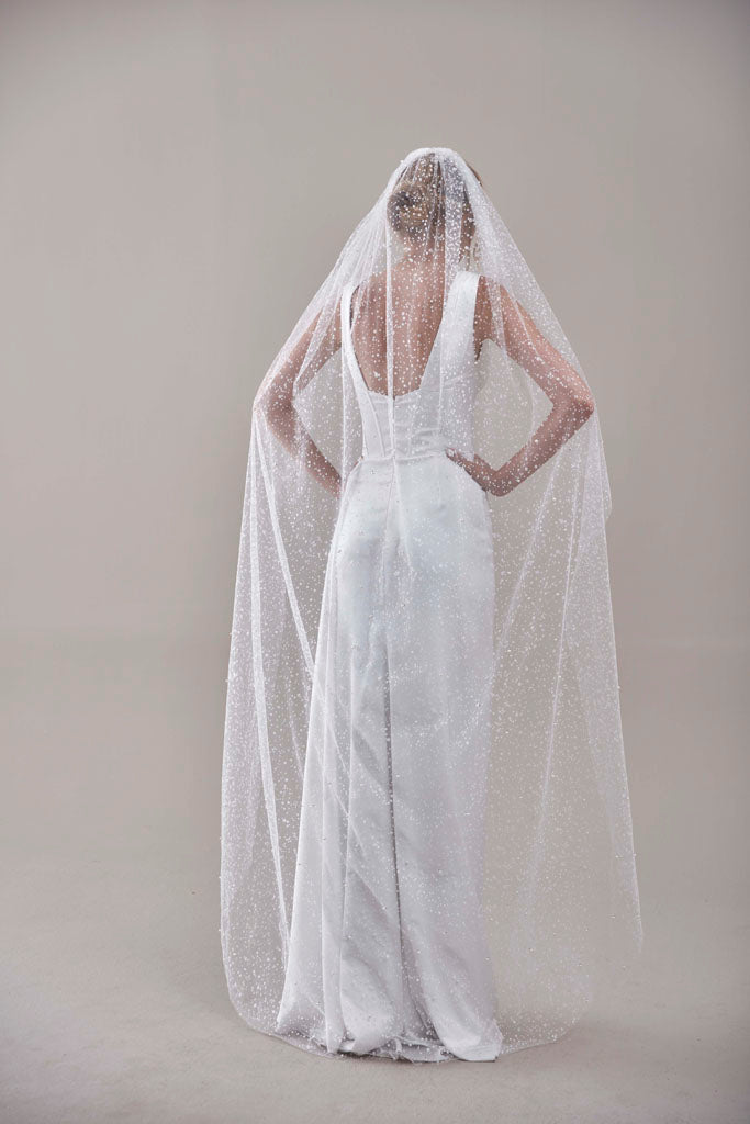 Bridal Veil, Veil with Pearls, One Layer Wedding Veil, Veil with Rhinestone-D180 – Bridal Port, view 4