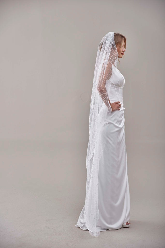 Bridal Veil, Veil with Pearls, One Layer Wedding Veil, Veil with Rhinestone-D180 – Bridal Port, view 7