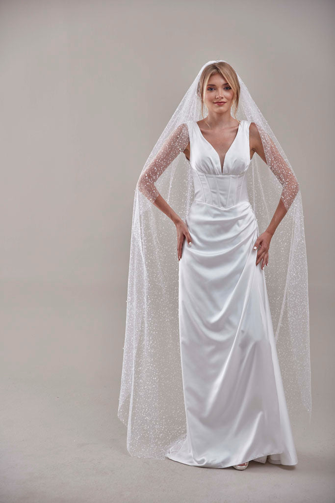 Bridal Veil, Veil with Pearls, One Layer Wedding Veil, Veil with Rhinestone-D180 – Bridal Port, view 8