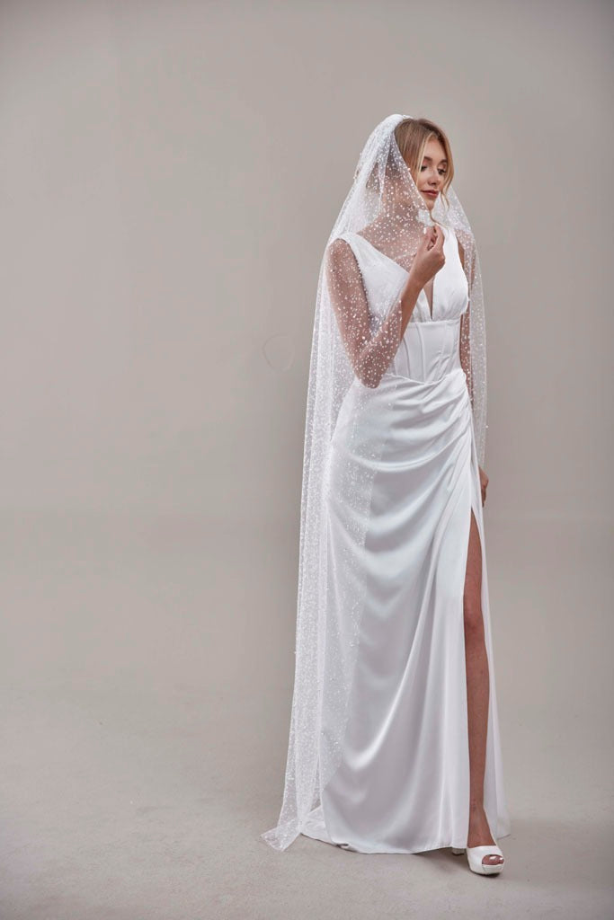 Bridal Veil, Veil with Pearls, One Layer Wedding Veil, Veil with Rhinestone-D180 – Bridal Port, view 9