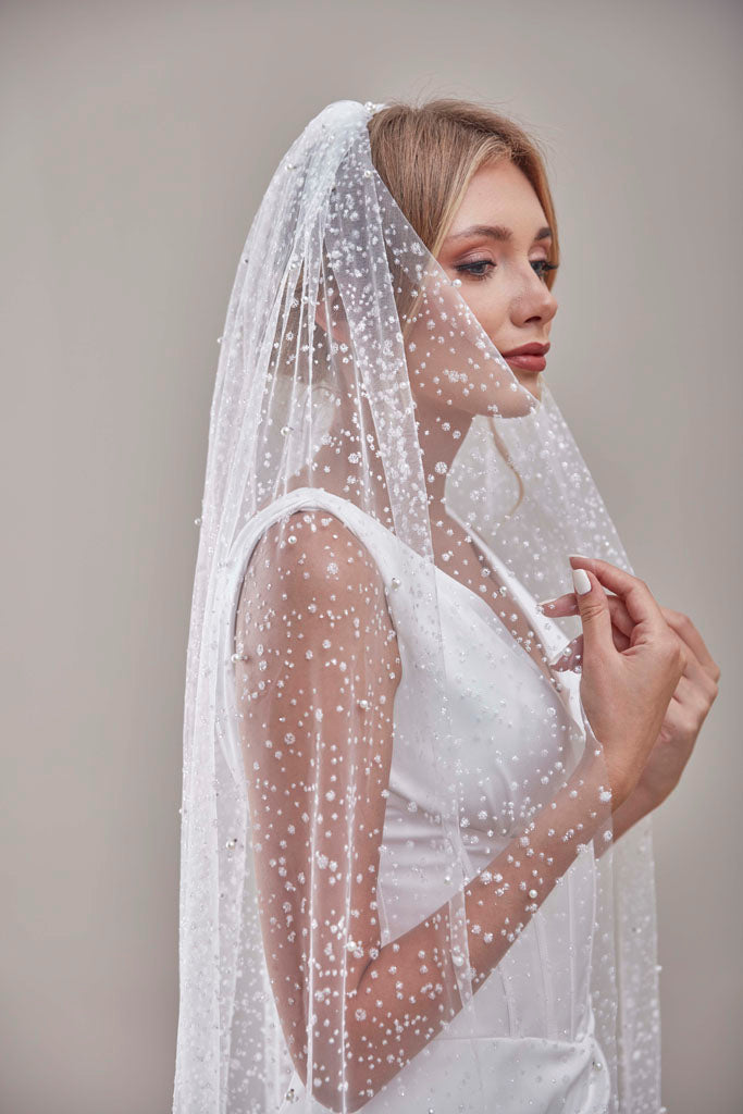 Bridal Veil, Veil with Pearls, One Layer Wedding Veil, Veil with Rhinestone-D180 – Bridal Port, view 2