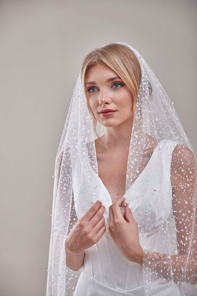 Bridal Veil, Veil with Pearls, One Layer Wedding Veil, Veil with Rhinestone-D180 – Bridal Port, view 6