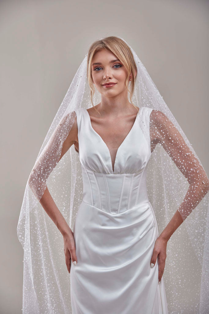 Bridal Veil, Veil with Pearls, One Layer Wedding Veil, Veil with Rhinestone-D180 – Bridal Port, view 3