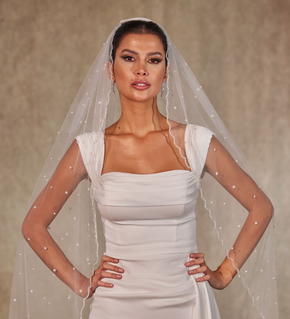 Pearl Wedding Veil, Cathedral Veil- D238 – Bridal Port, view 3