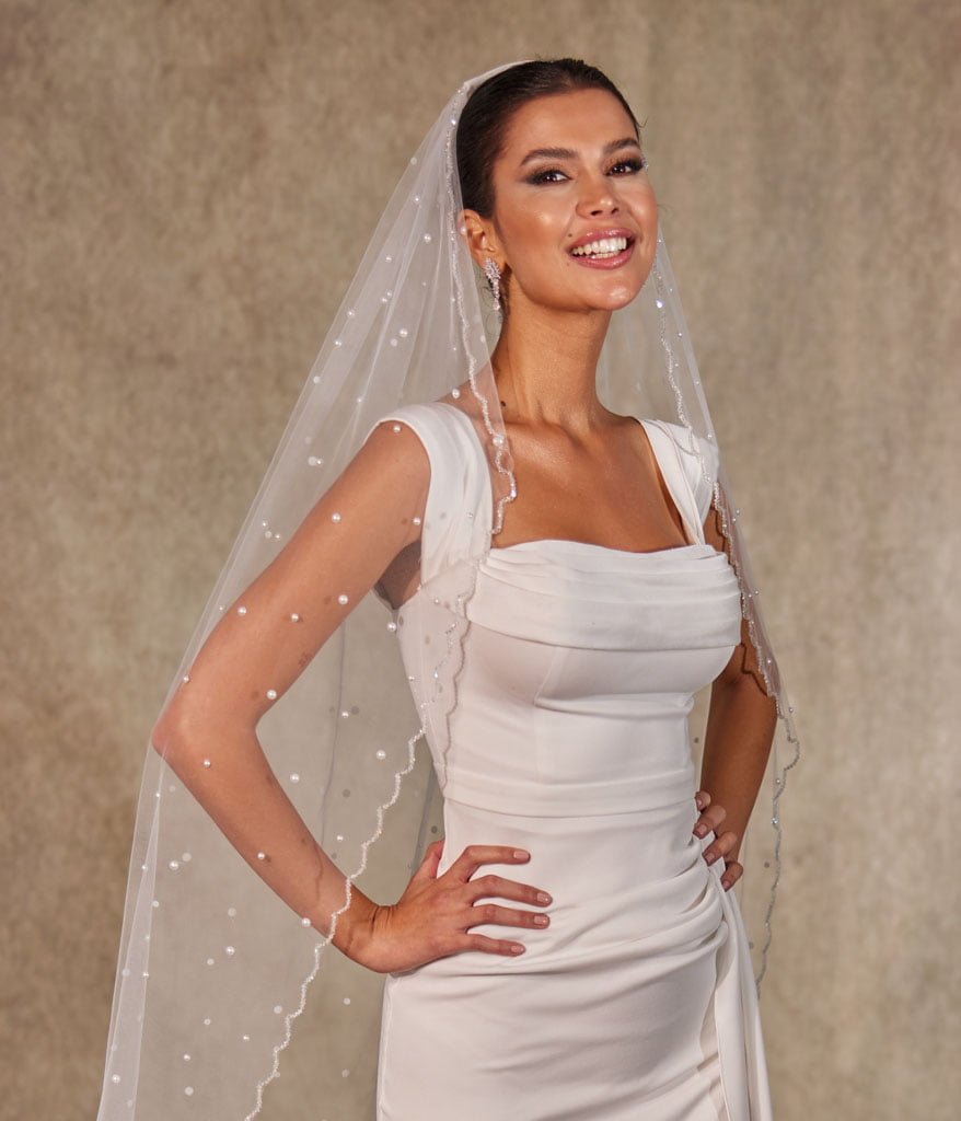 Pearl Wedding Veil, Cathedral Veil- D238 – Bridal Port, view 5