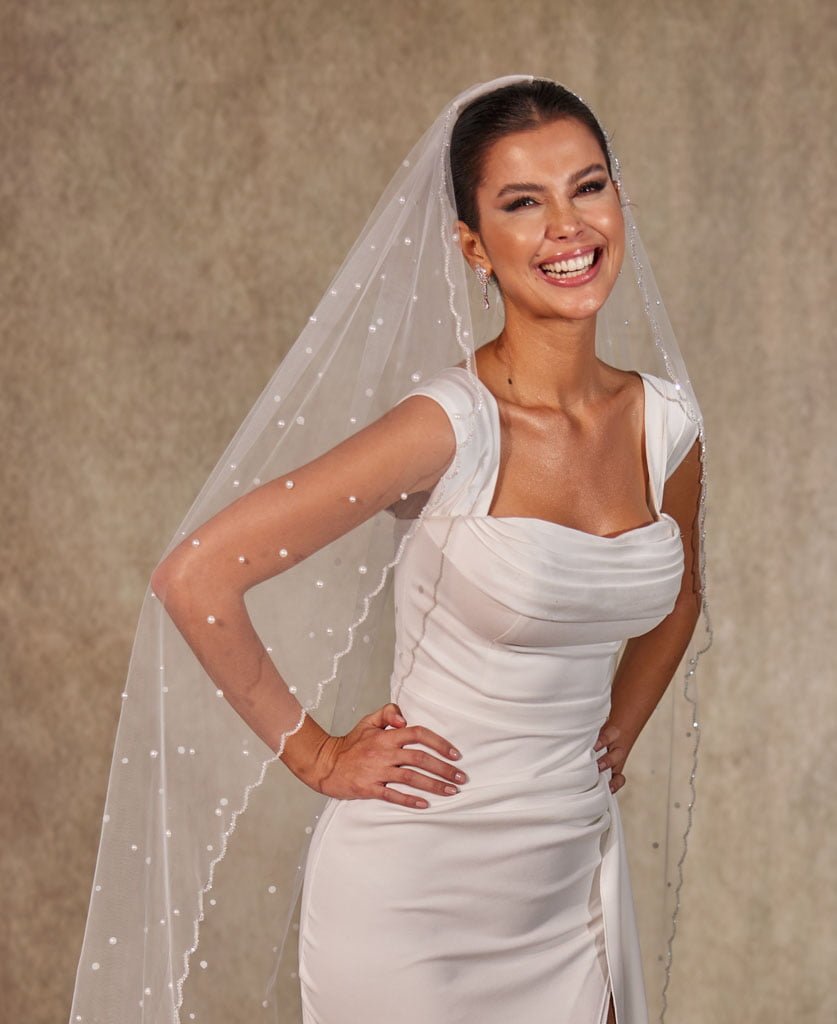 Pearl Wedding Veil, Cathedral Veil- D238 – Bridal Port, view 7