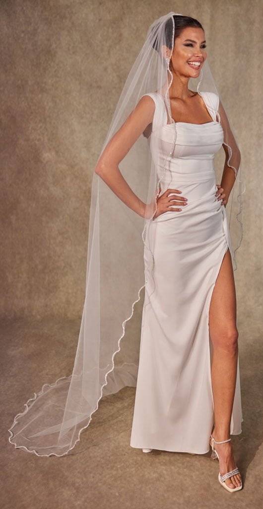 Wavy Beaded Edge Minimalist Wedding Veil- D246 – Bridal Port, view 5
