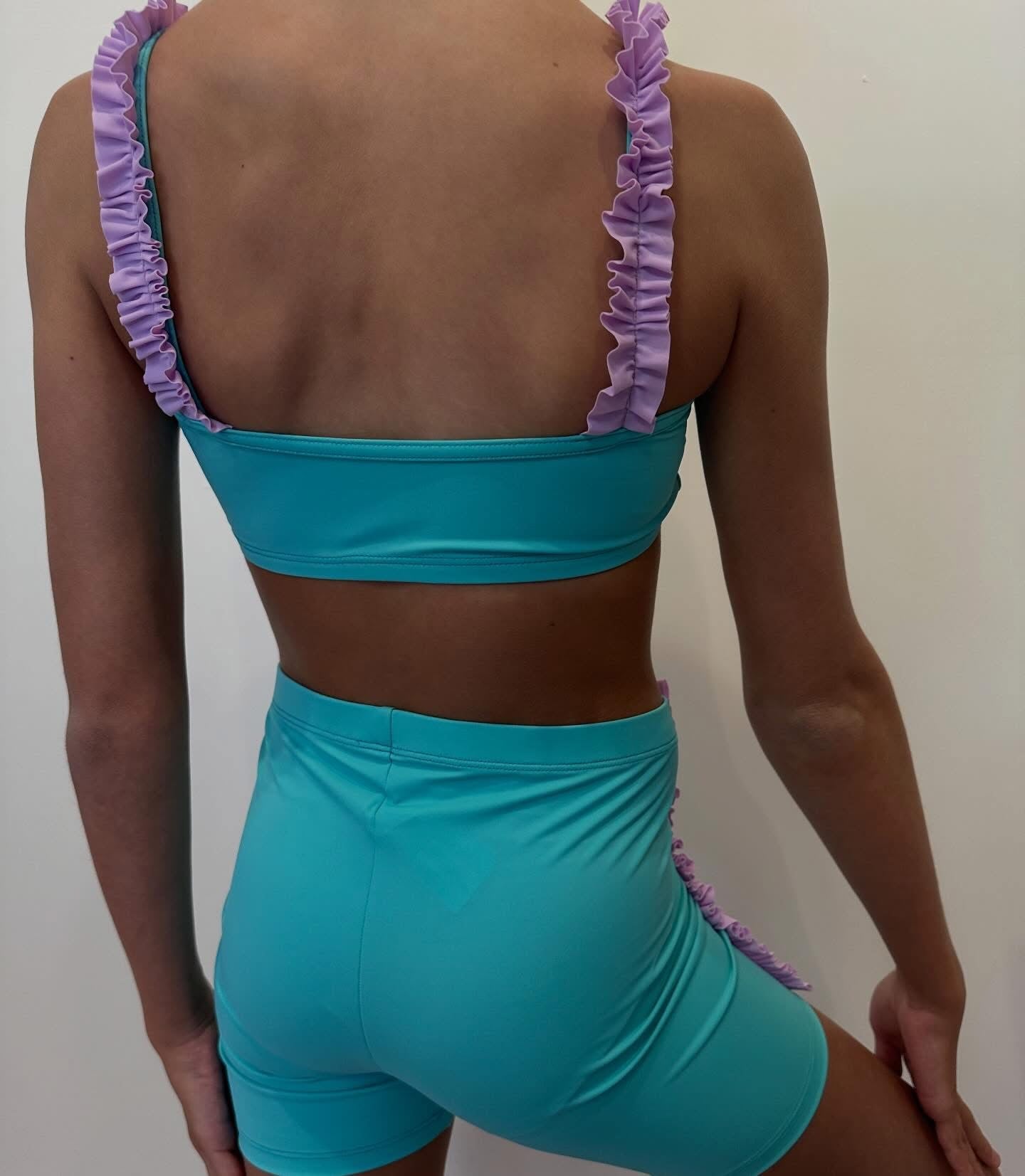 Tightspot Dancewear Center Custom Made Mint & Lilac Ruffle Short Set — alternative angle