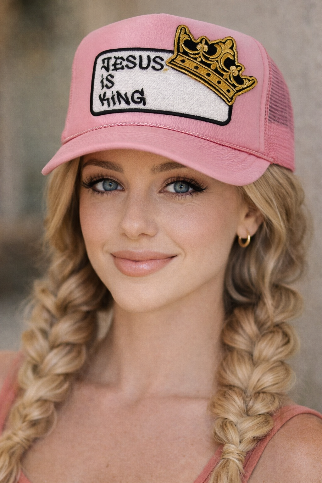 Pretty Little Patriot Pretty Little Patriot Jesus is King patch trucker hat -clearance — Pretty Little Patriot branding close-up