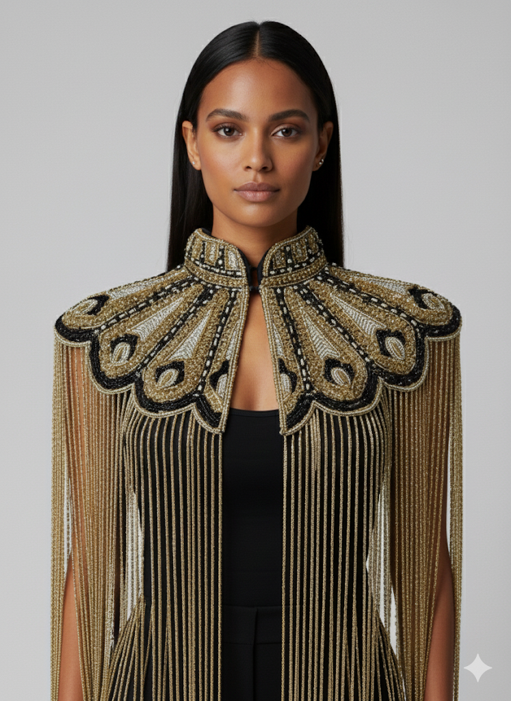 L'Jai Amor Gilded Fleur Cape — detail close-up