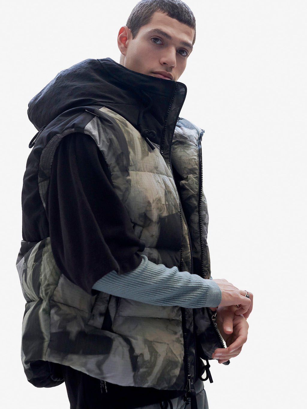 Holden Outerwear Hooded Down Vest - Rekall Tie — detail close-up