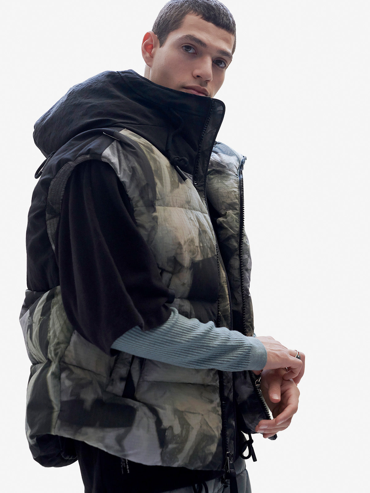 Holden Outerwear Hooded Down Vest - Rekall Tie — detail close-up