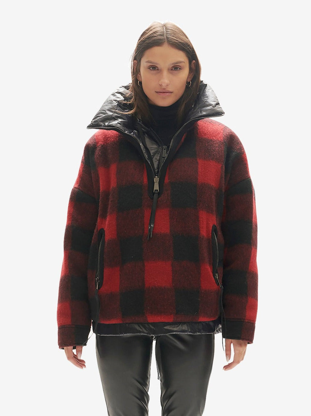 Holden Outerwear Reversible Wool Half Zip Puffer - Black Plaid — detail close-up