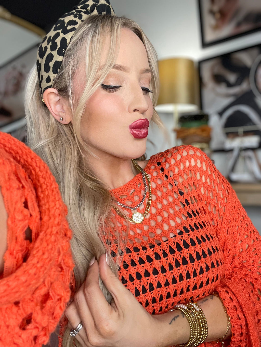 Pretty Little Patriot Pretty Little Patriot Orange Open Knit Sweater — lifestyle worn / used context