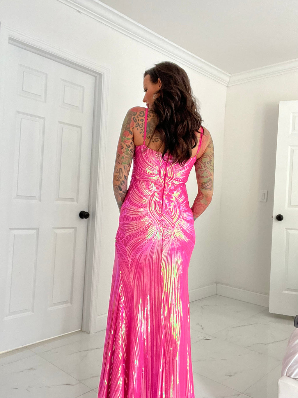Pretty Little Patriot Pretty Little Patriot Barbie hot pink gala gown — Pretty Little Patriot branding close-up