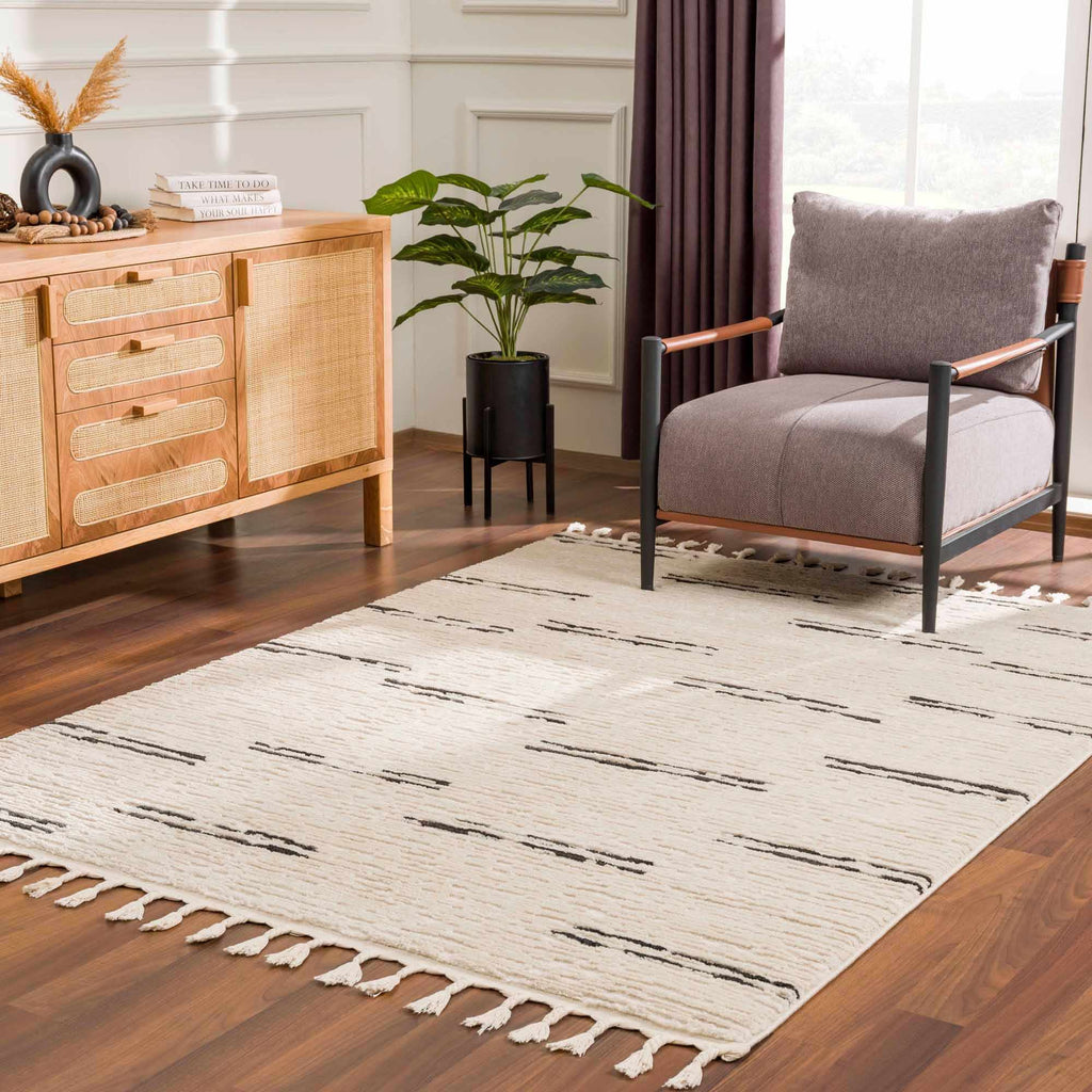 Riad Black Striped White Rug with Tassels – Boutique Rugs, view 15