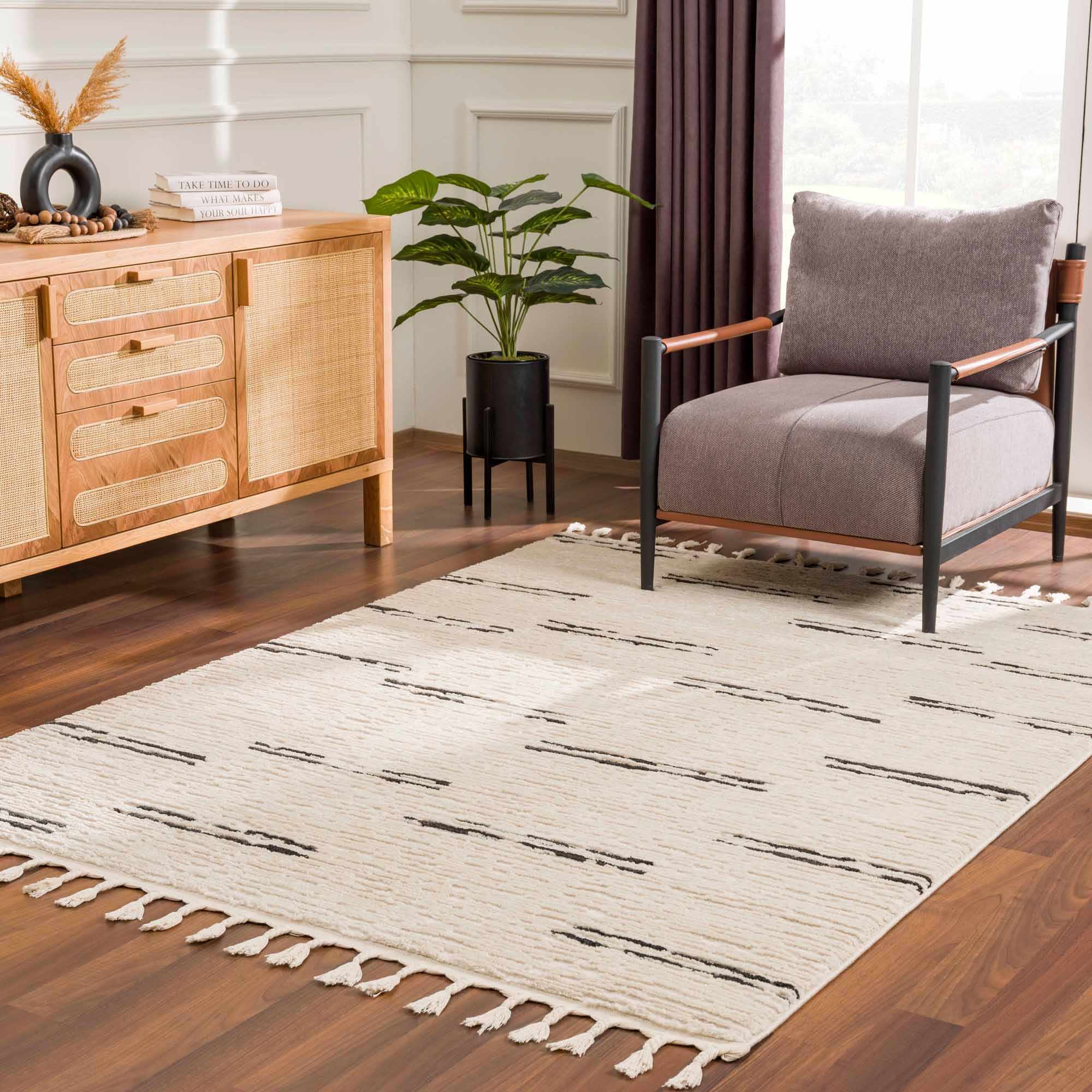 Riad Black Striped White Rug with Tassels – Boutique Rugs, view 15