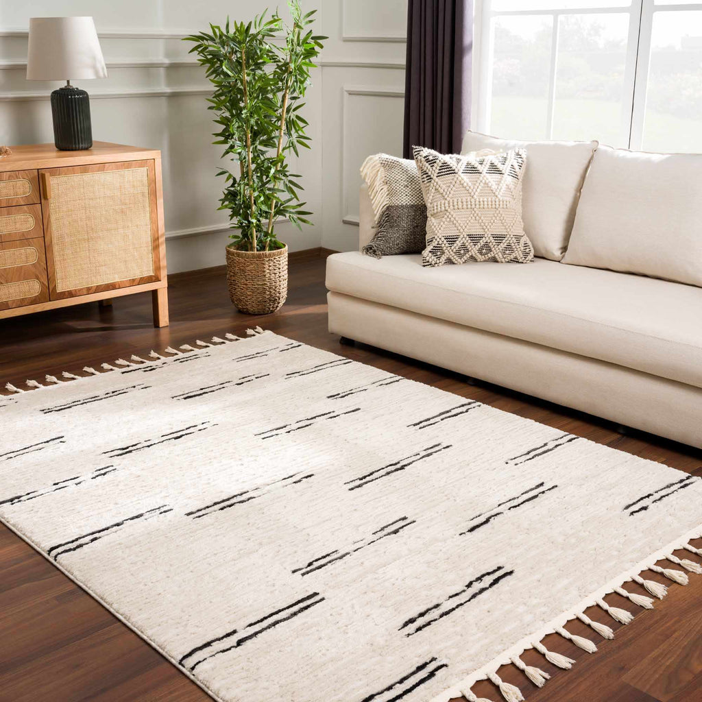 Riad Black Striped White Rug with Tassels – Boutique Rugs, view 13