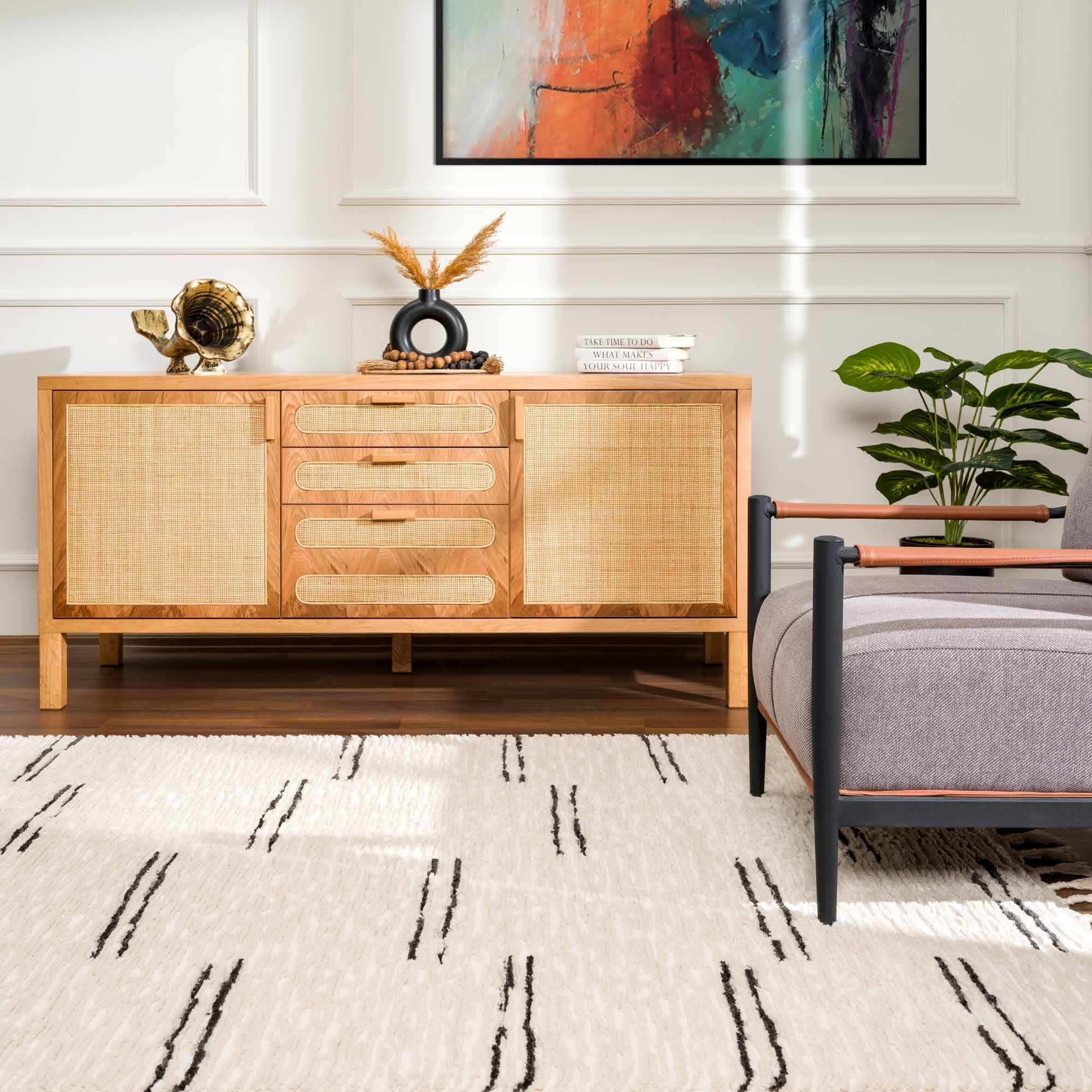 Riad Black Striped White Rug with Tassels – Boutique Rugs, view 4