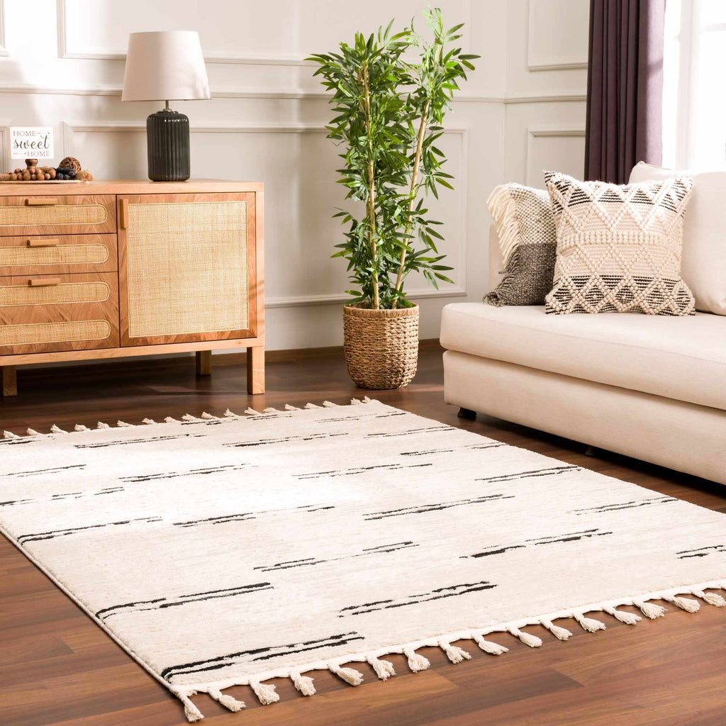 Riad Black Striped White Rug with Tassels – Boutique Rugs, view 2