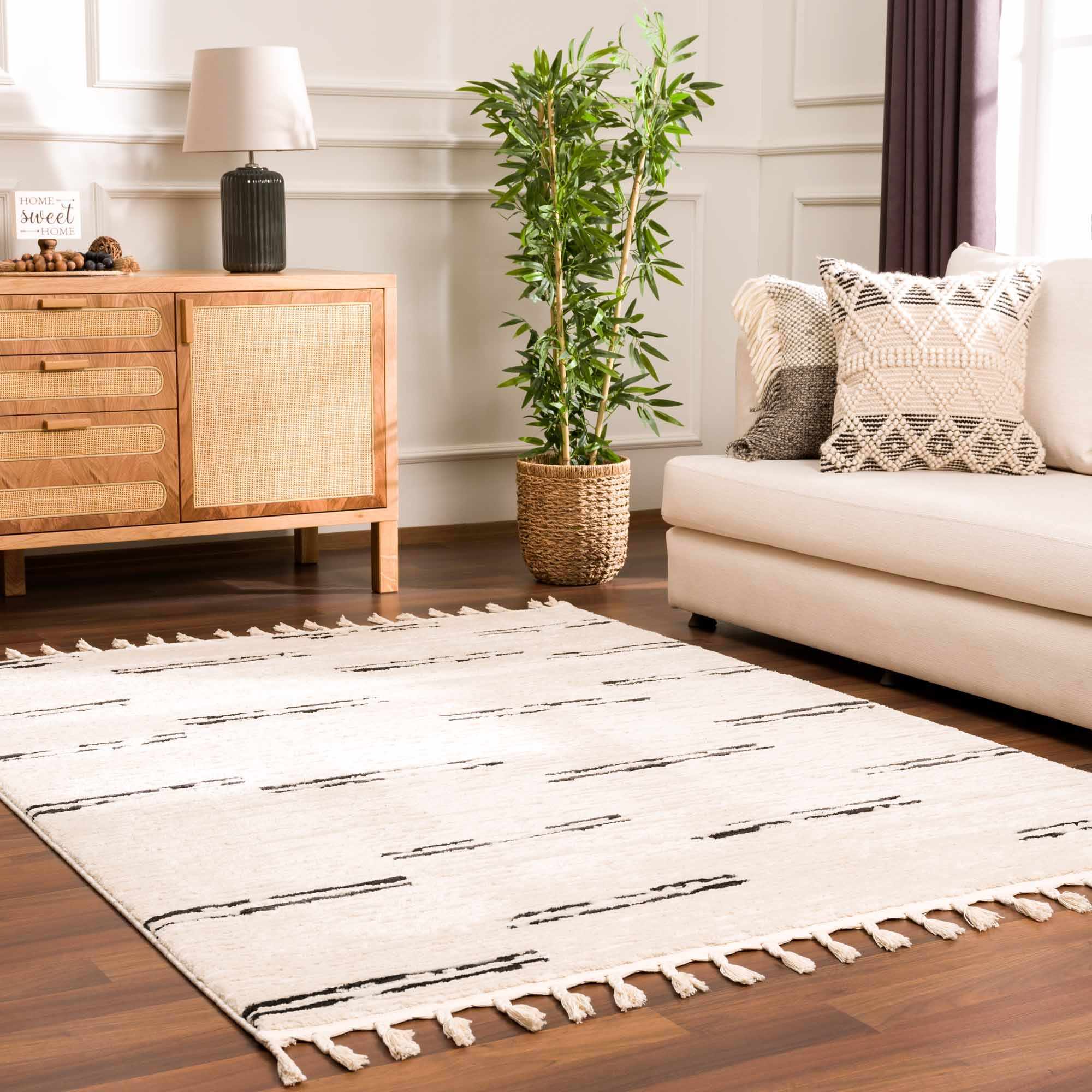 Riad Black Striped White Rug with Tassels – Boutique Rugs, view 2