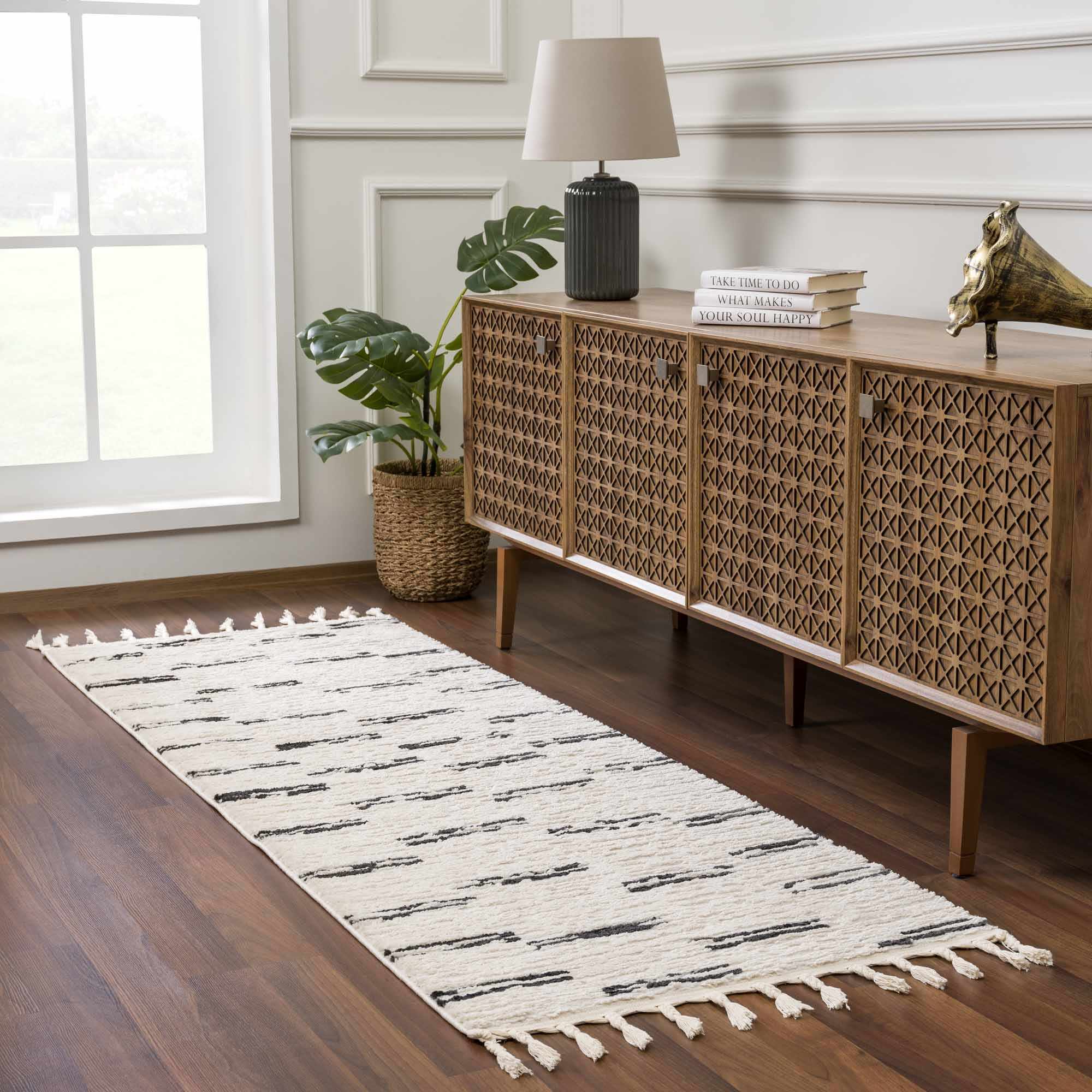 Riad Black Striped White Rug with Tassels – Boutique Rugs, view 3