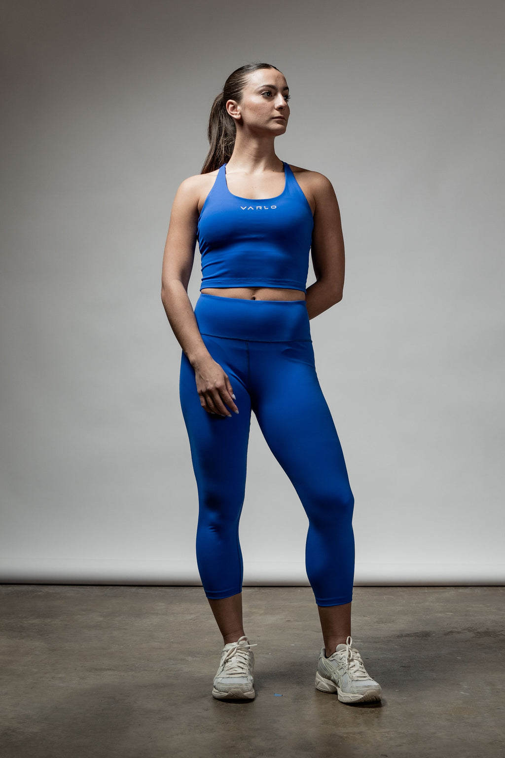 Varlo Varlo Women's SOHO Cross Back Crop Tank (Neo Blue) — flat-lay composition