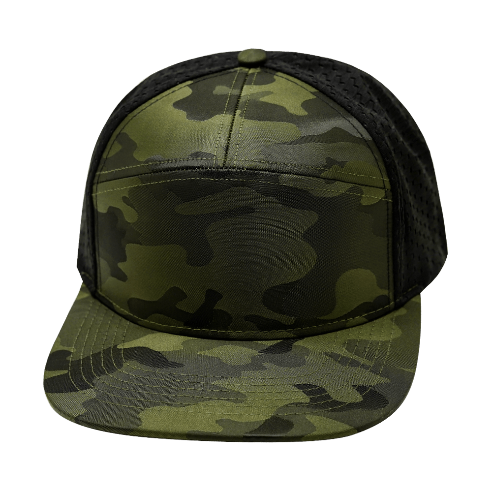 The Heartbeat Brand Blank 7 Panel Hat — Green Camo / Black (Unisex) — main product shot