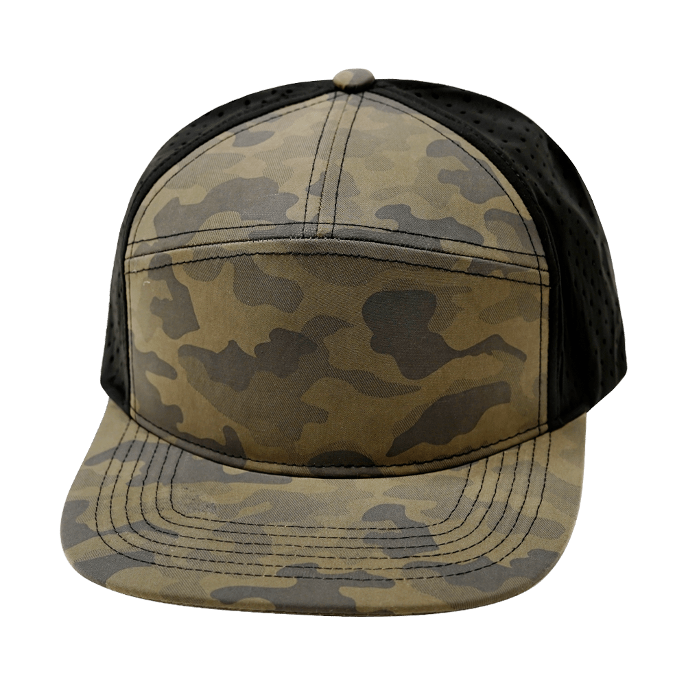 The Heartbeat Brand Blank 7 Panel Hat — Mocha Camo / Black (Unisex) — main product shot