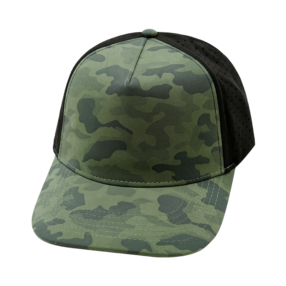 The Heartbeat Brand Blank 5 Panel Hat — Structured / Teal Camo / Black (Unisex) — main product shot