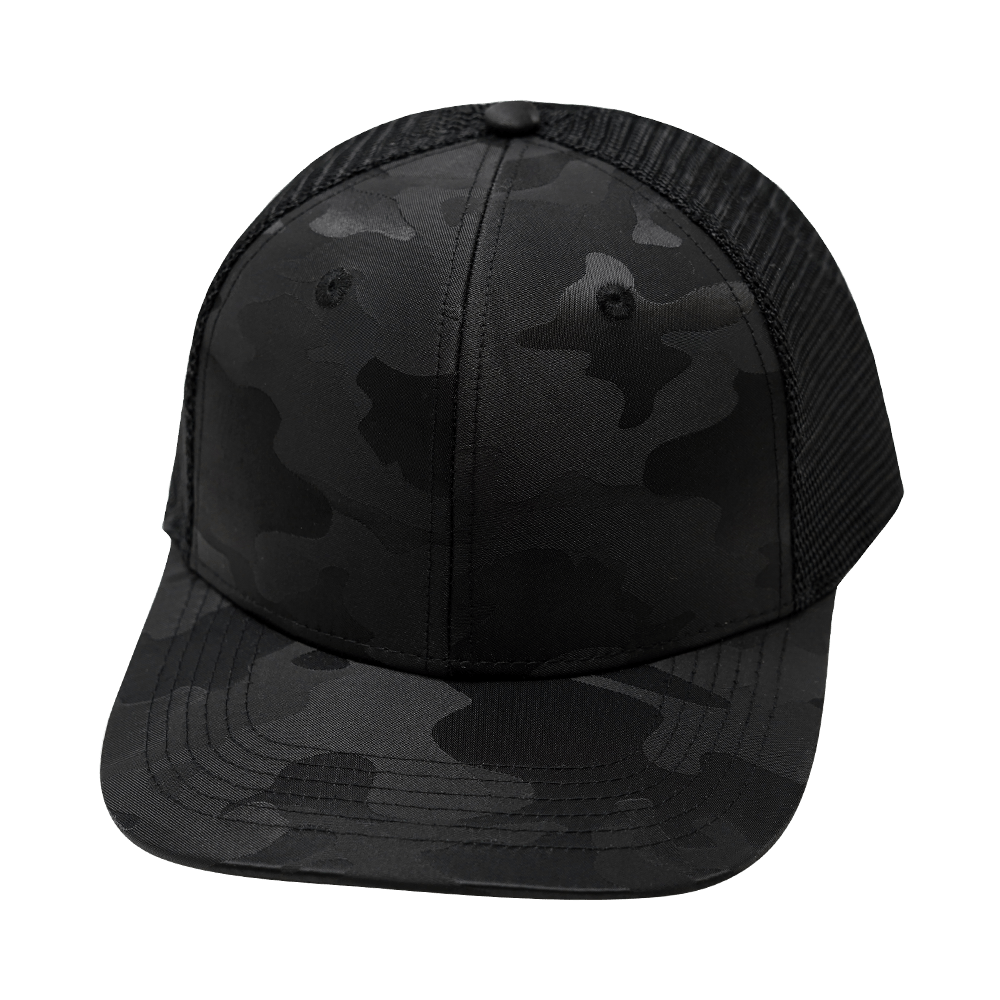 The Heartbeat Brand Blank 6 Panel Hat — Black Camo / Black (Unisex) Trucker Mesh — main product shot