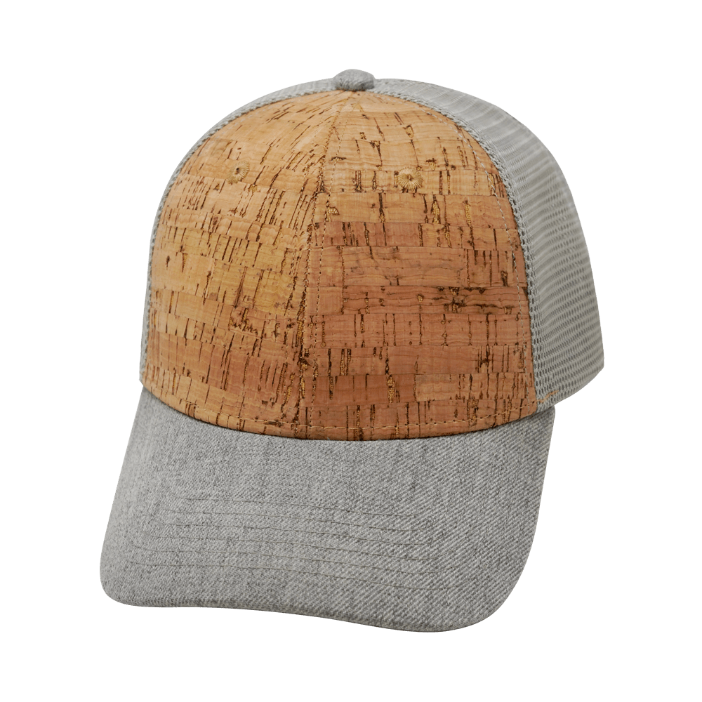 The Heartbeat Brand Blank 6 Panel Hat — Cork Shallow Fit / Heather Gray / Gray (Unisex) Trucker Mesh — main product shot