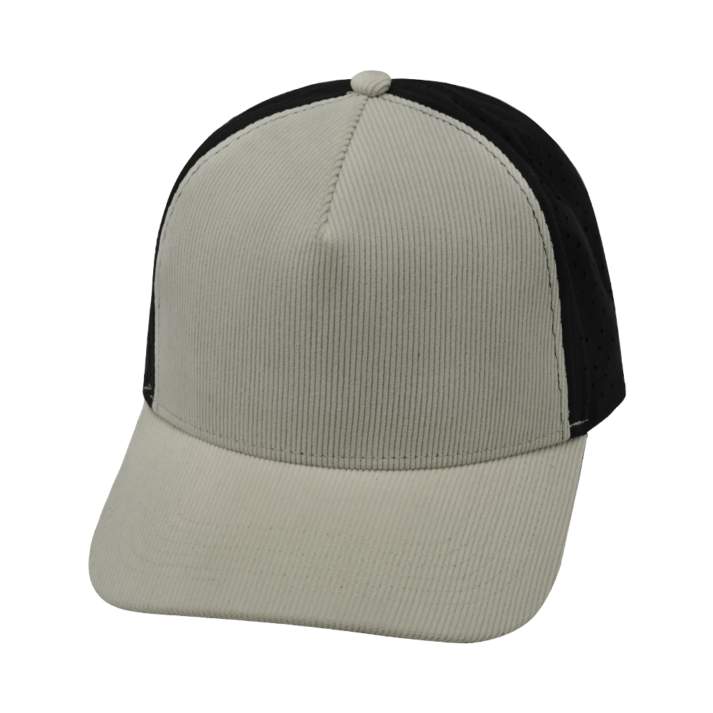 The Heartbeat Brand Blank 5 Panel Hat — Corduroy Structured / Cream / Black (Unisex) — main product shot