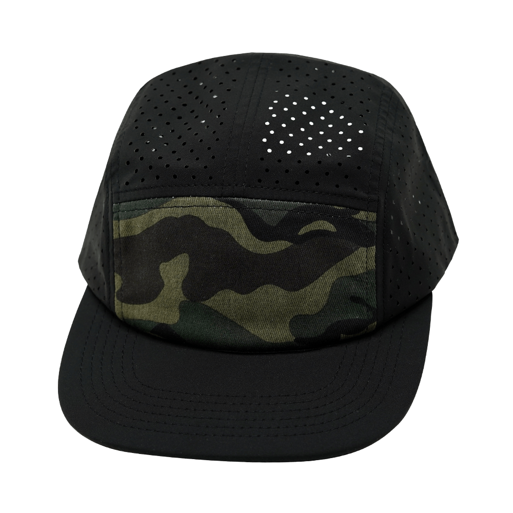 The Heartbeat Brand Blank 5 Panel Hat — Sporty / Unstructured / Black / Camo (Unisex) — main product shot