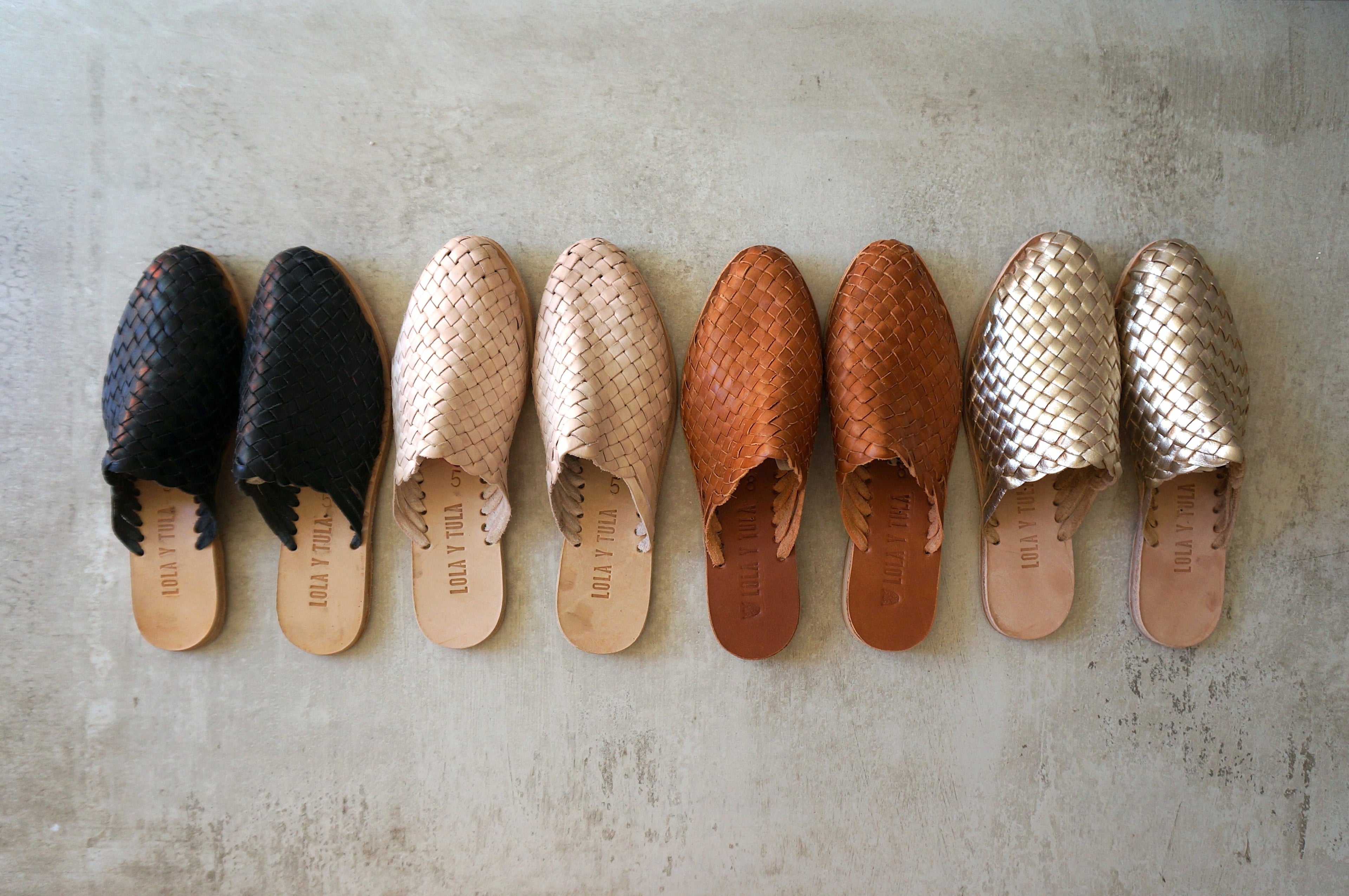 LOLA Y TULA Hand Woven Leather Slides Black — back view