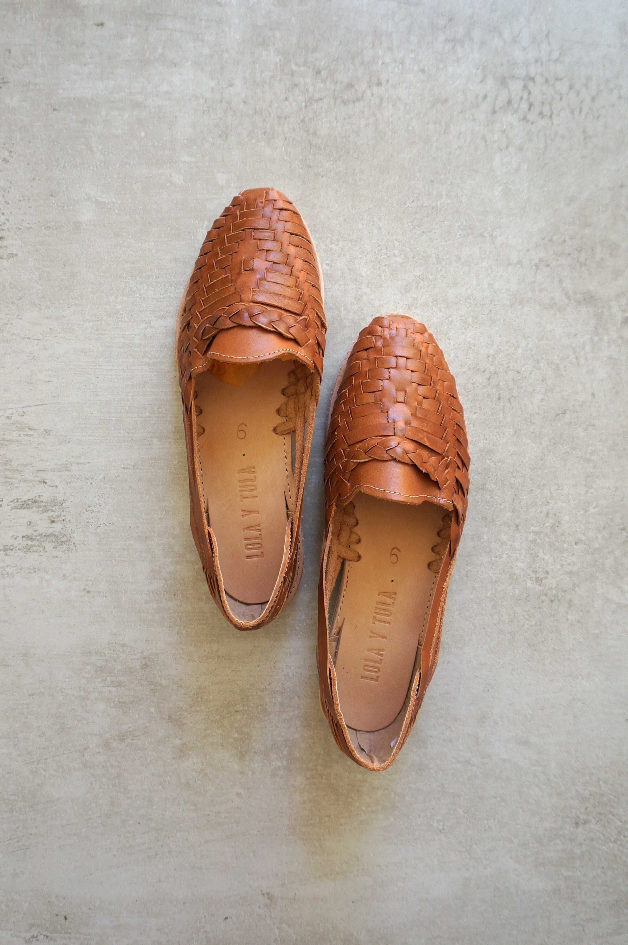 LOLA Y TULA Camel Leather Huarache — detail close-up