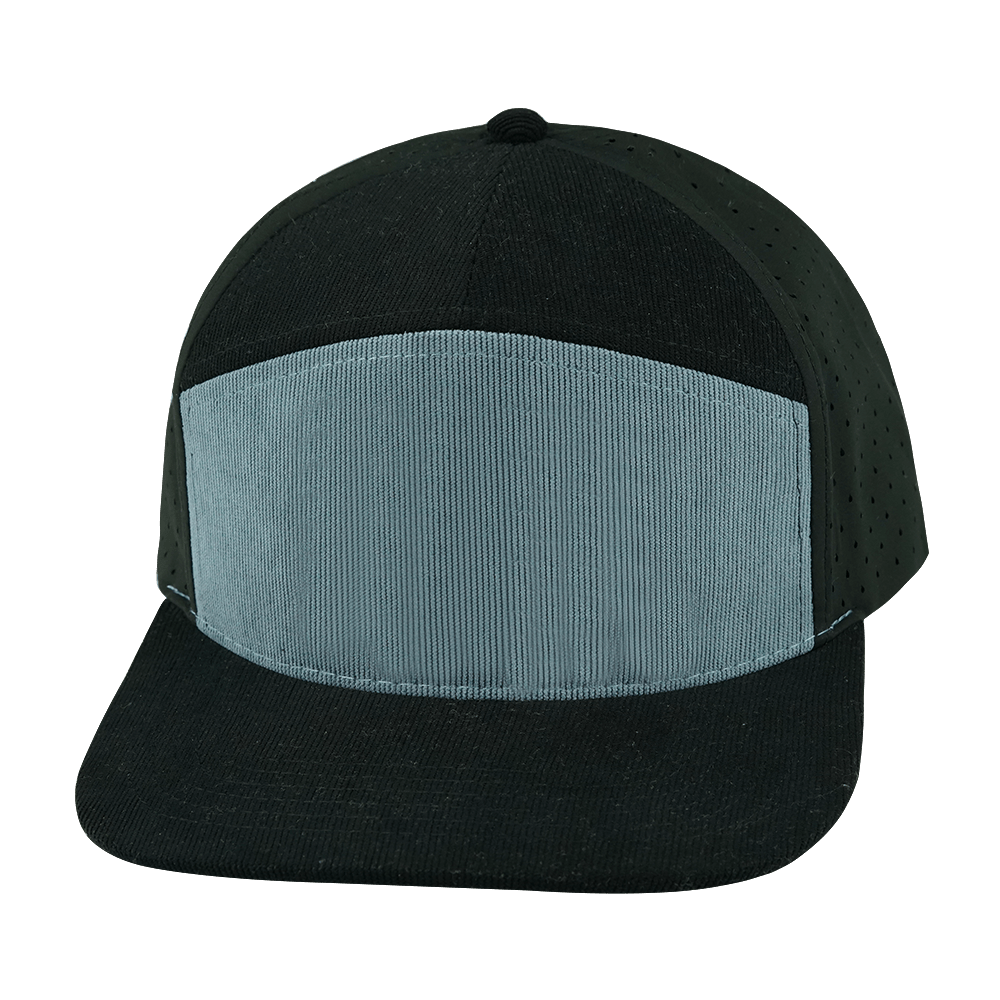 The Heartbeat Brand Blank 7 Panel Hat — Corduroy Black / Gray Blue (Unisex) — main product shot