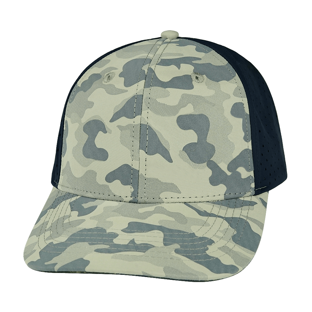 The Heartbeat Brand Blank 6 Panel Hat — Soft Gray Camo / Navy (Unisex) — main product shot