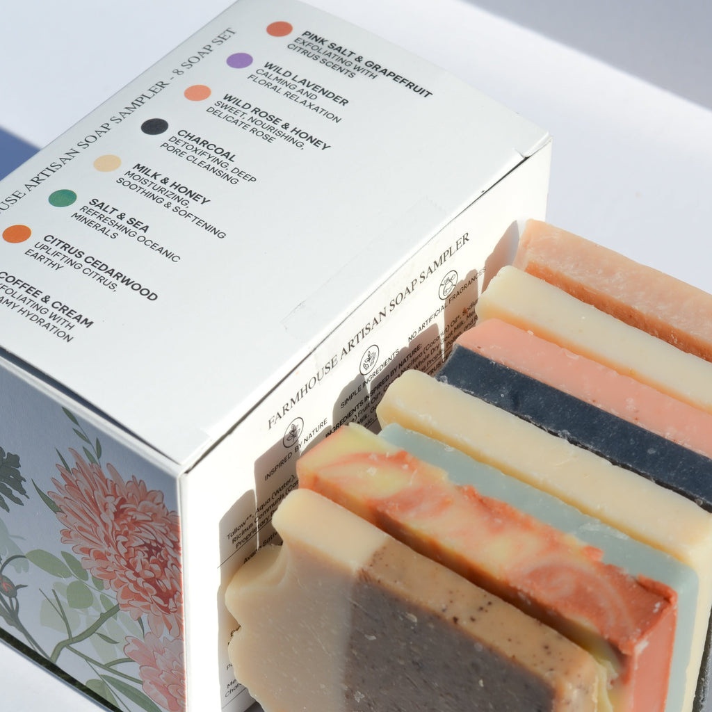 Pretty farm girl Farmhouse Artisan Goat Milk & Tallow Soap Sampler — back view
