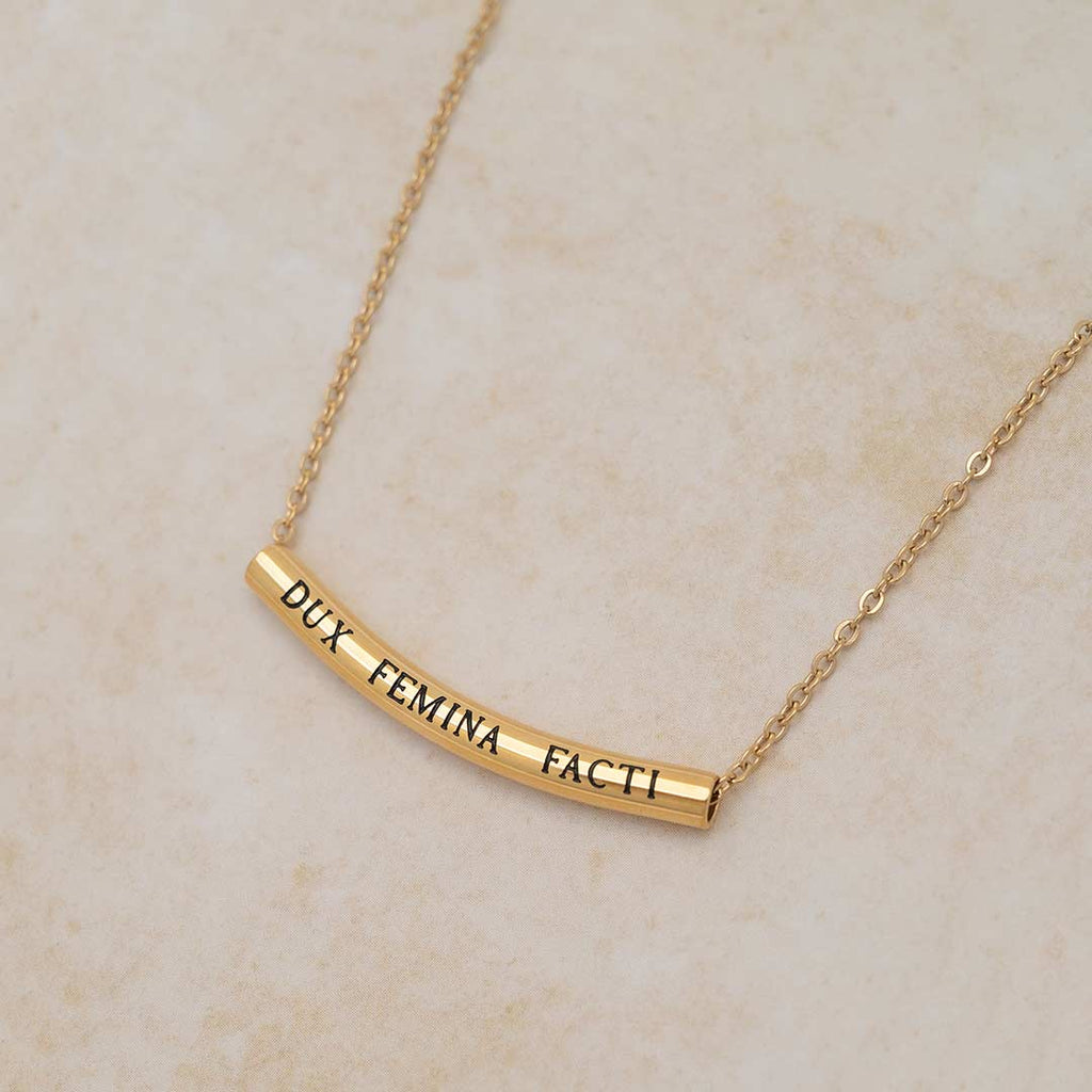 Princess Awesome & Boy Wonder Virgil's Aeneid "Dux Femina Facti" Necklace — lifestyle worn / used context