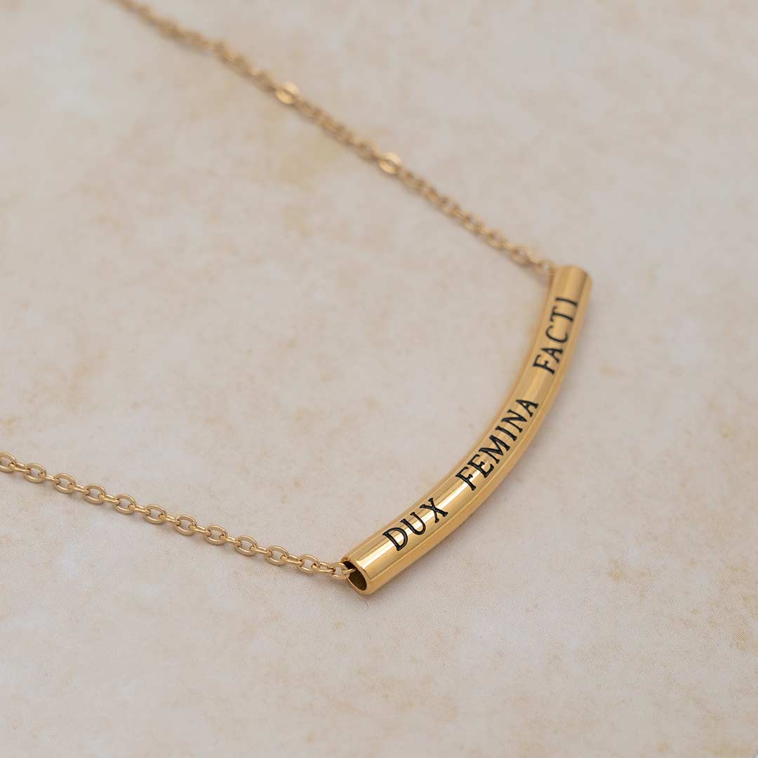 Princess Awesome & Boy Wonder Virgil's Aeneid "Dux Femina Facti" Necklace — Princess Awesome & Boy Wonder branding close-up