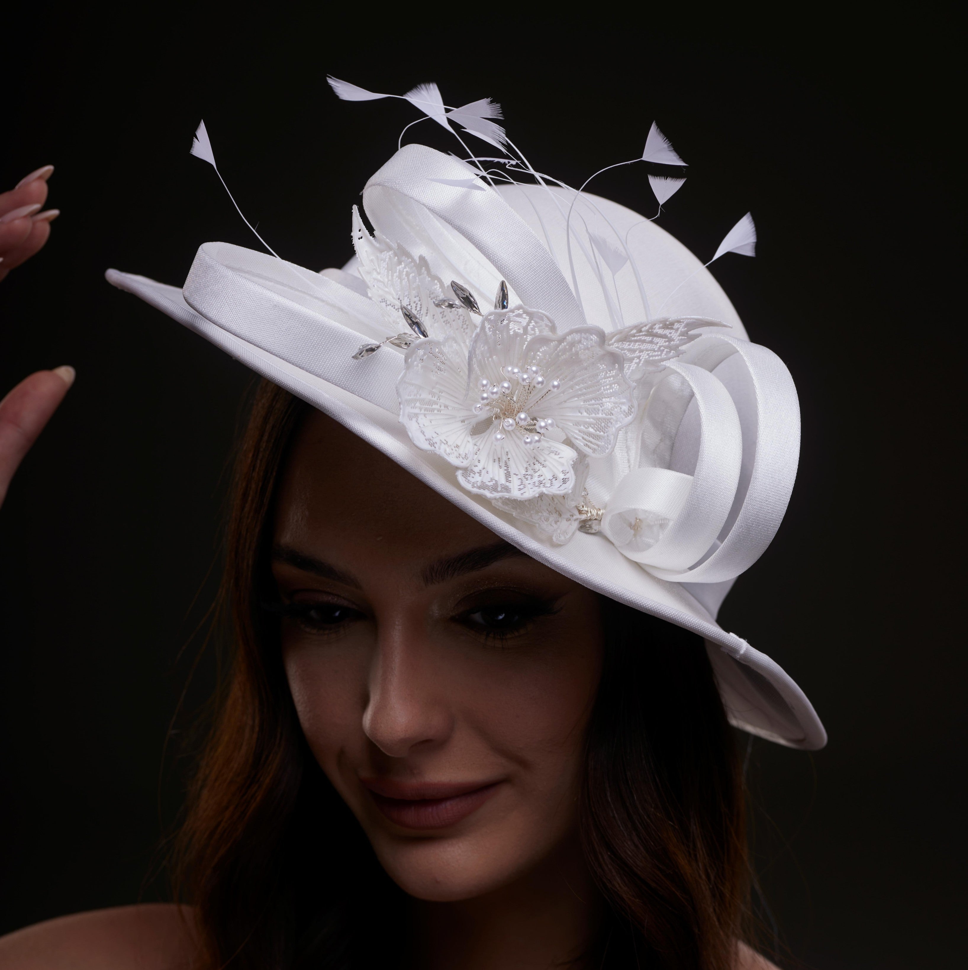 White Bridal Hat with Flower and Ribbon – Bridal Port, view 5