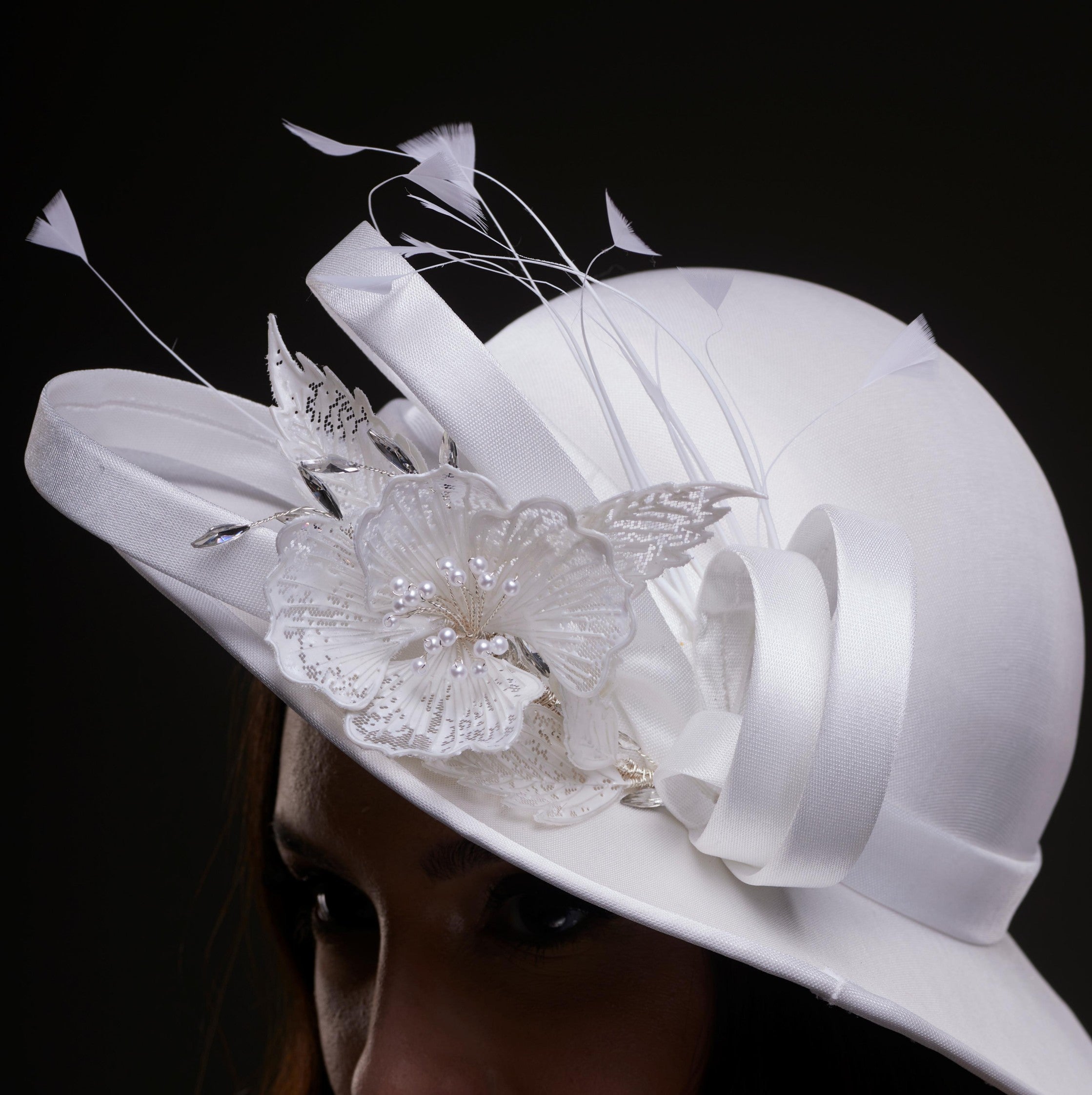 White Bridal Hat with Flower and Ribbon – Bridal Port, view 3