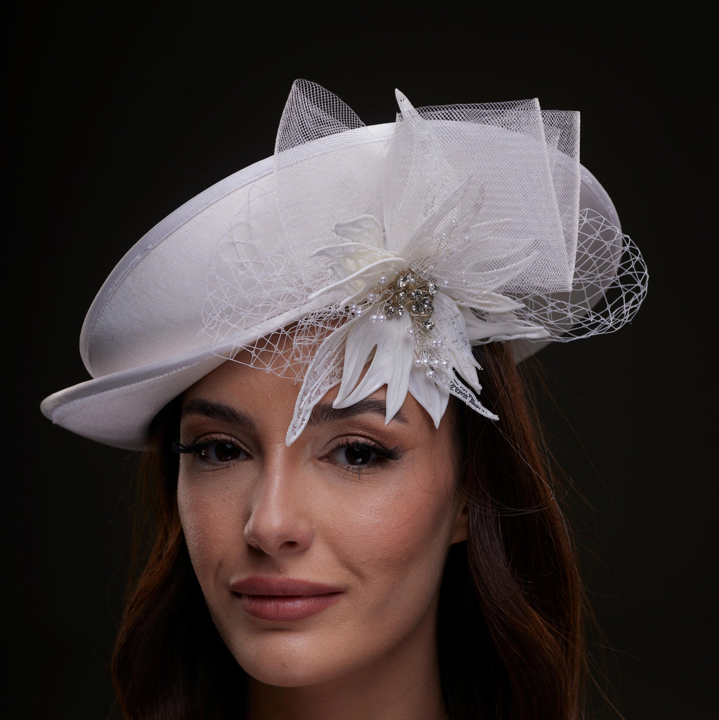 White Bridal Hat with Sculpted Flower – Bridal Port, view 5