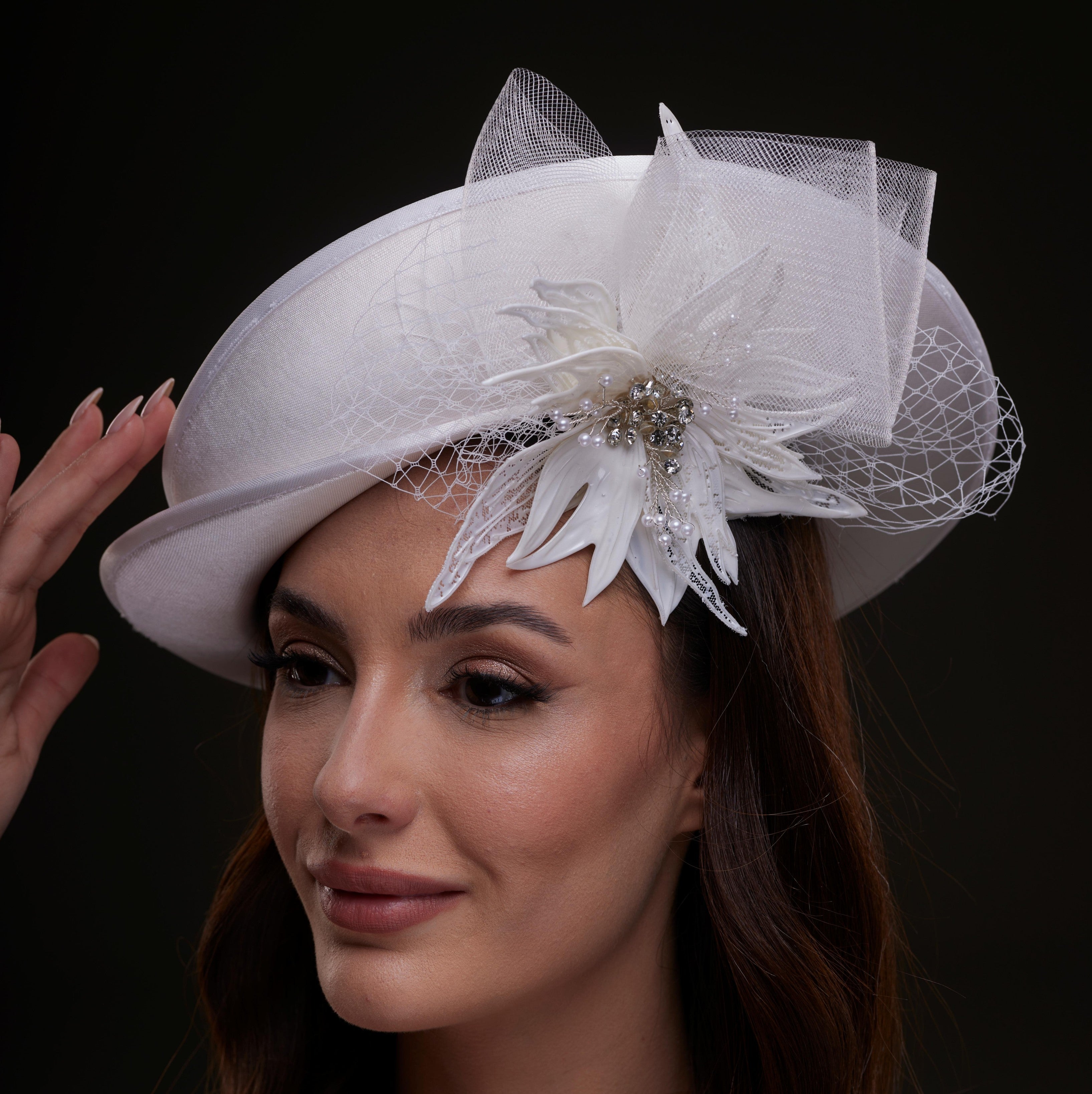 White Bridal Hat with Sculpted Flower – Bridal Port, view 2