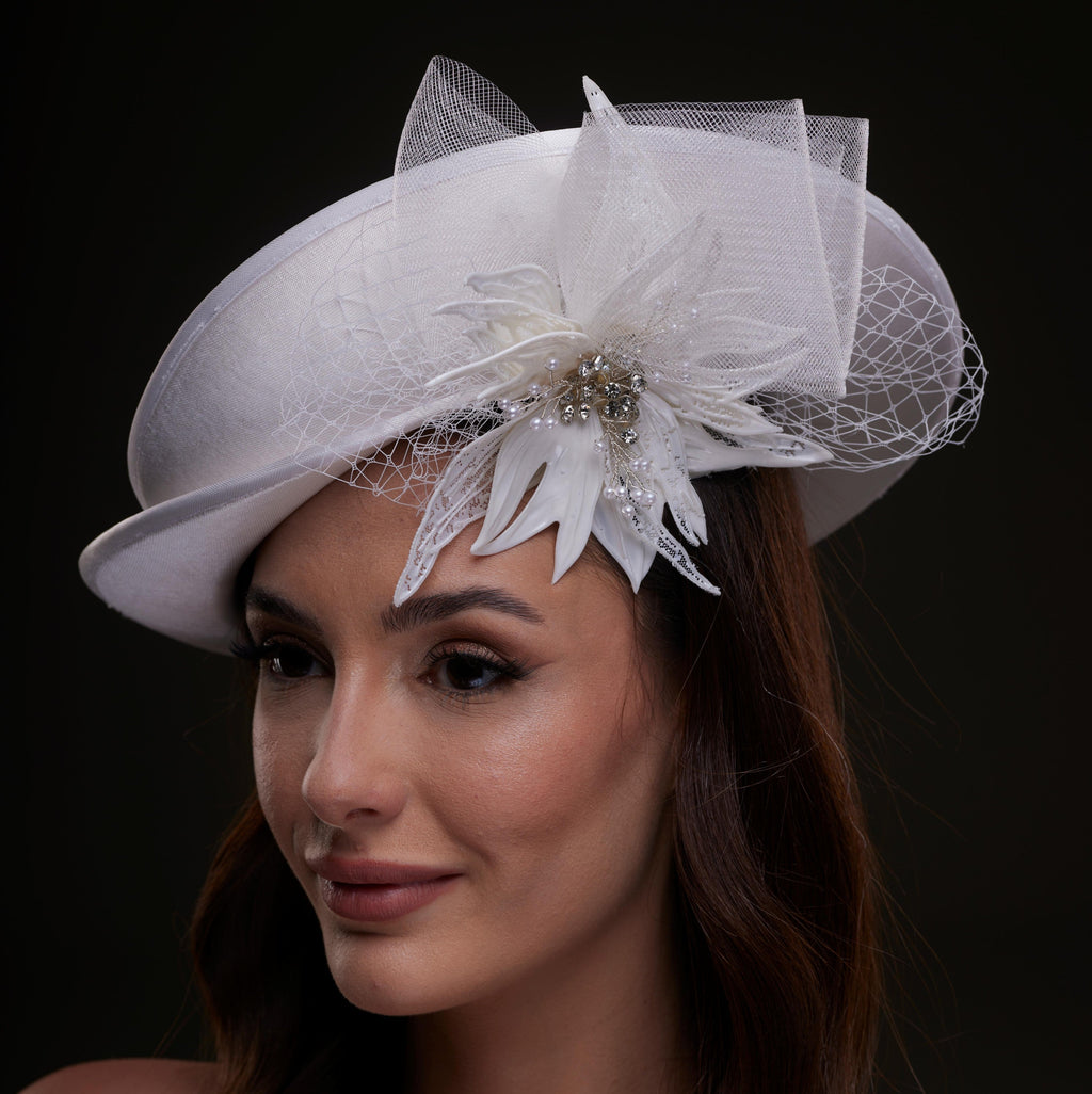 White Bridal Hat with Sculpted Flower – Bridal Port