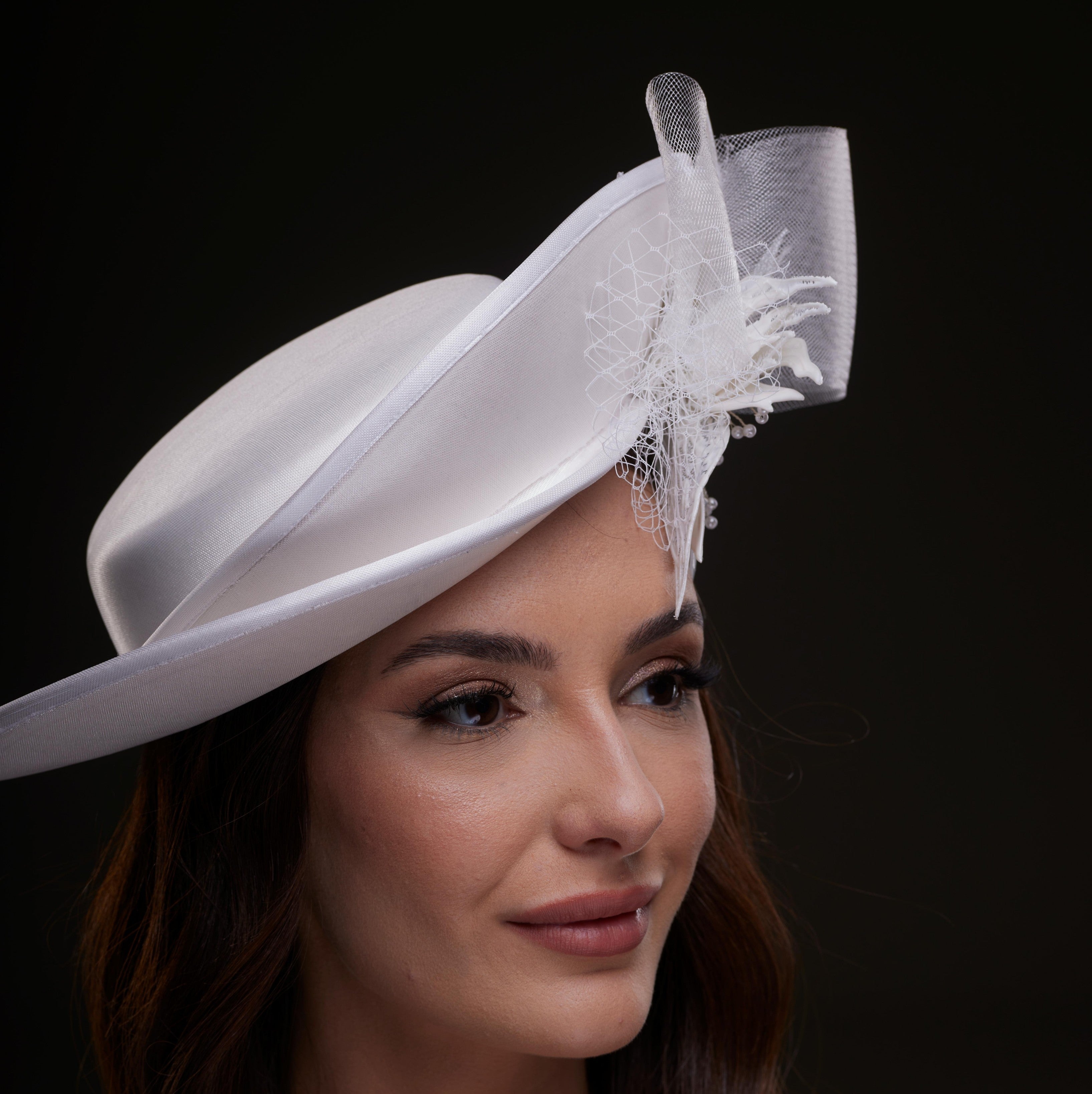 White Bridal Hat with Sculpted Flower – Bridal Port, view 6